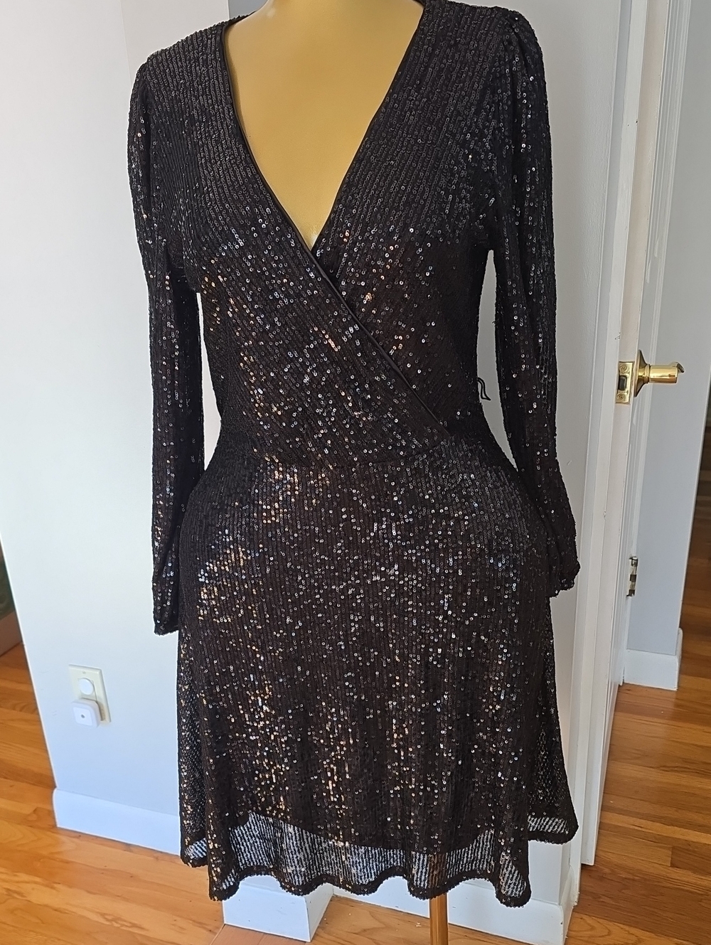 Nanette Lepore Black Sequin Wrap-Style Long Sleeve Dress